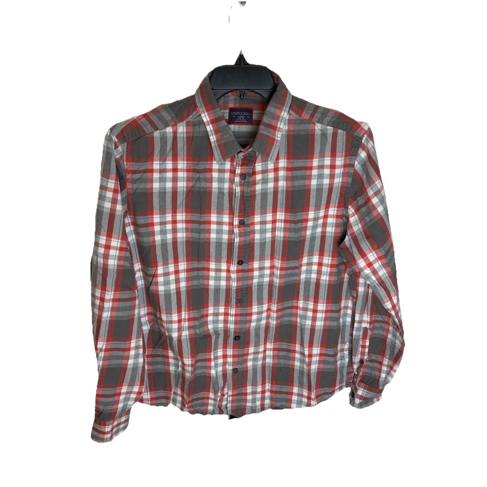 Untuckit Shirt Mens Lg Slim Gray‎ Orange Flannel Long Sleeve Button Up Casual